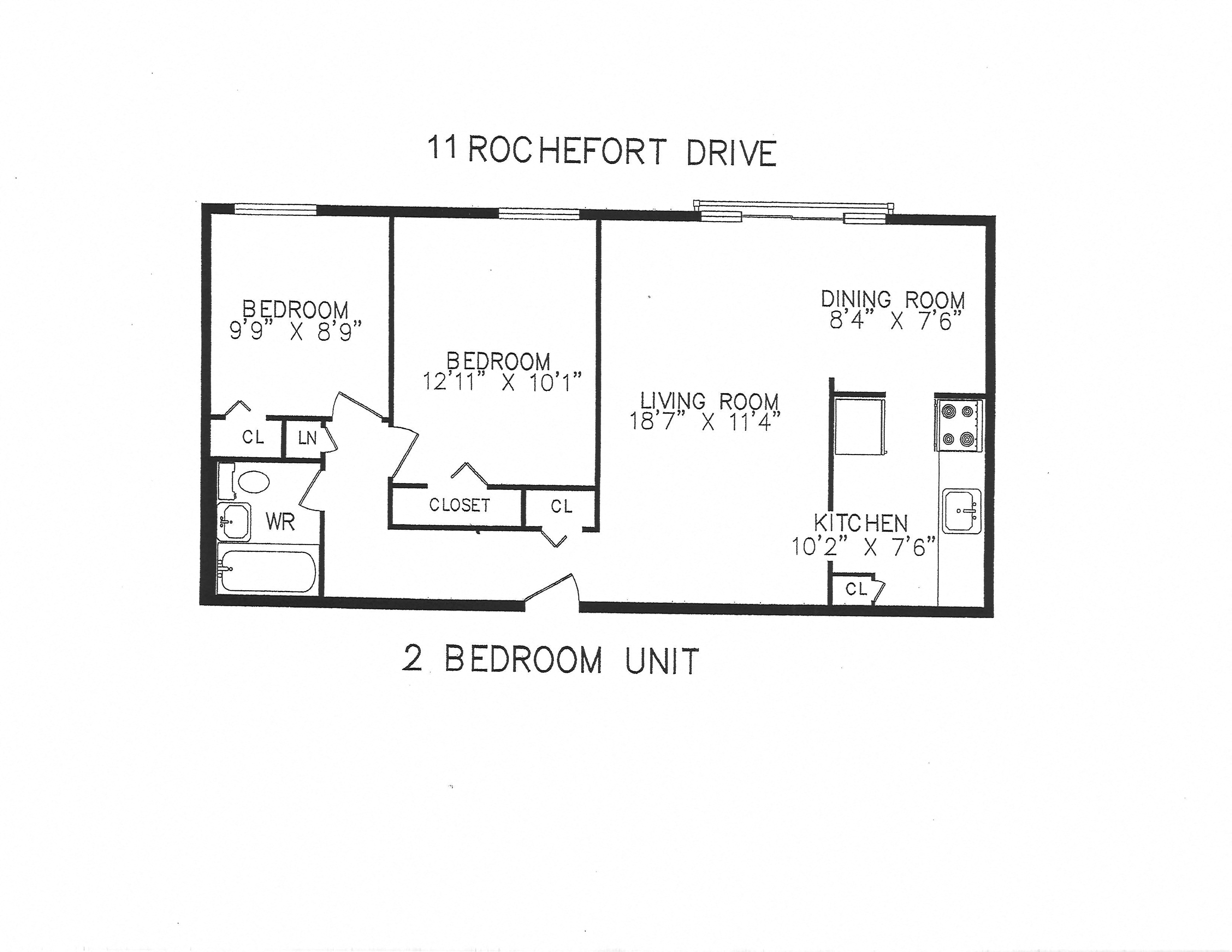 Floor plan for 2 beds, 1 bath, 710 sqft